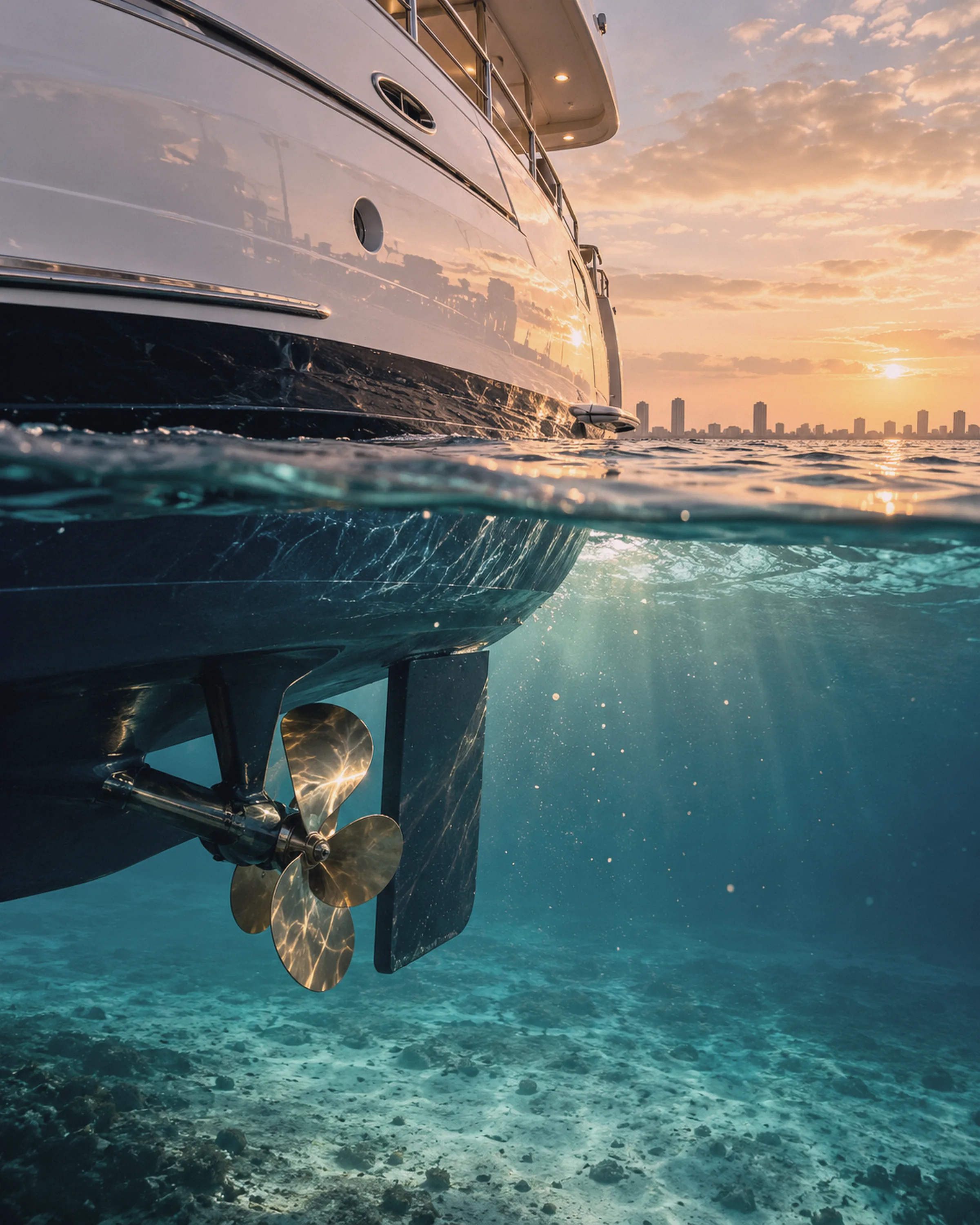 Split view of a yacht hull above and below the waterline