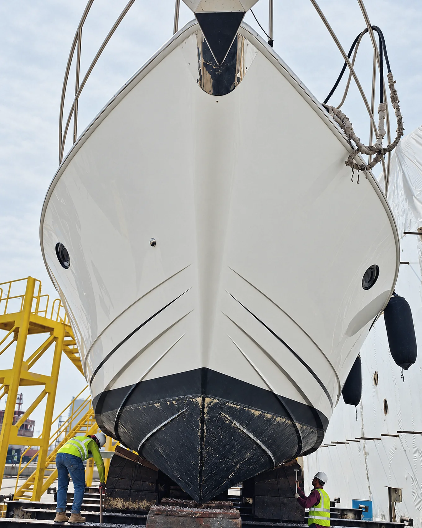 Bow on the cradle, ready for hull works