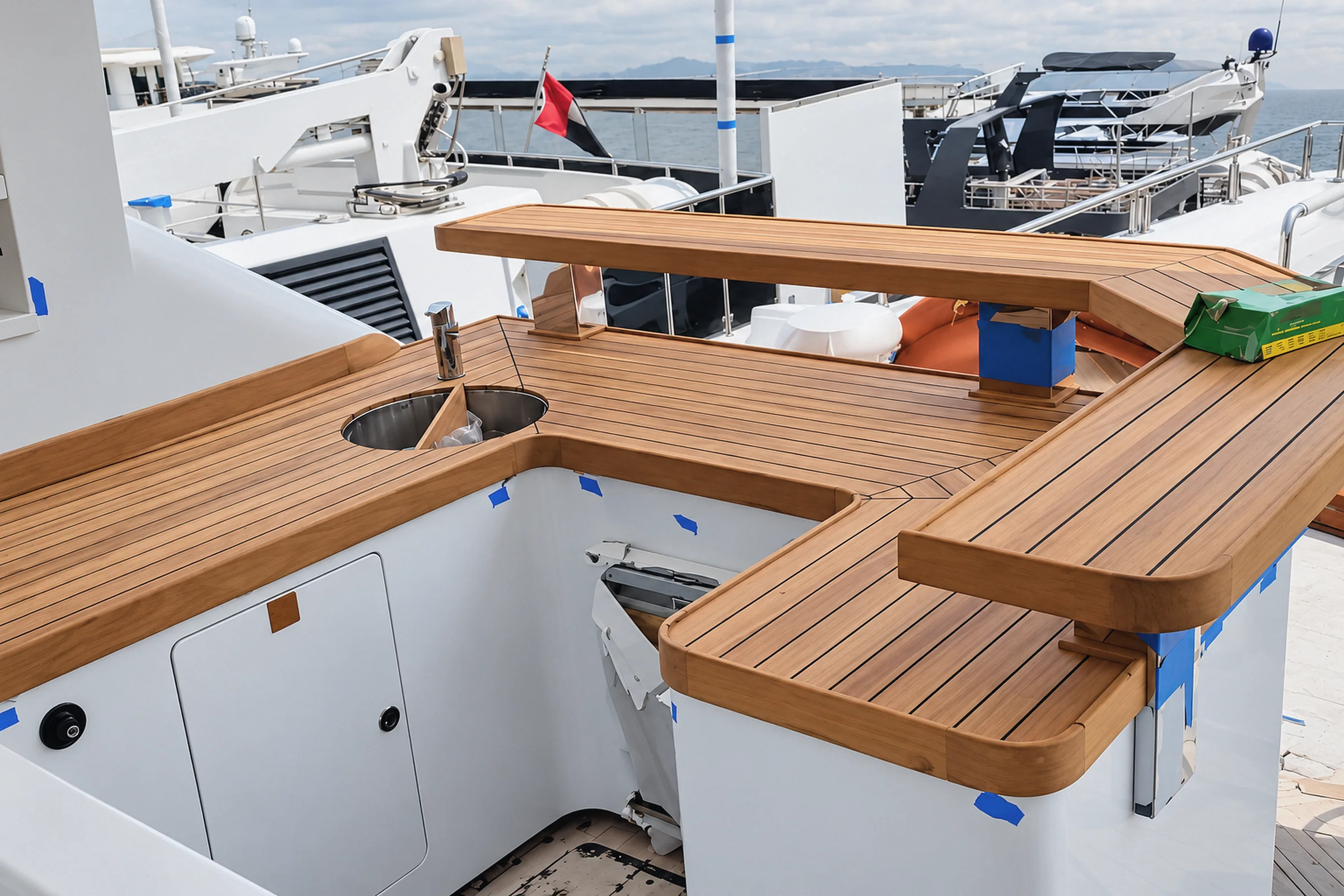 Teak bar and counters on a flybridge