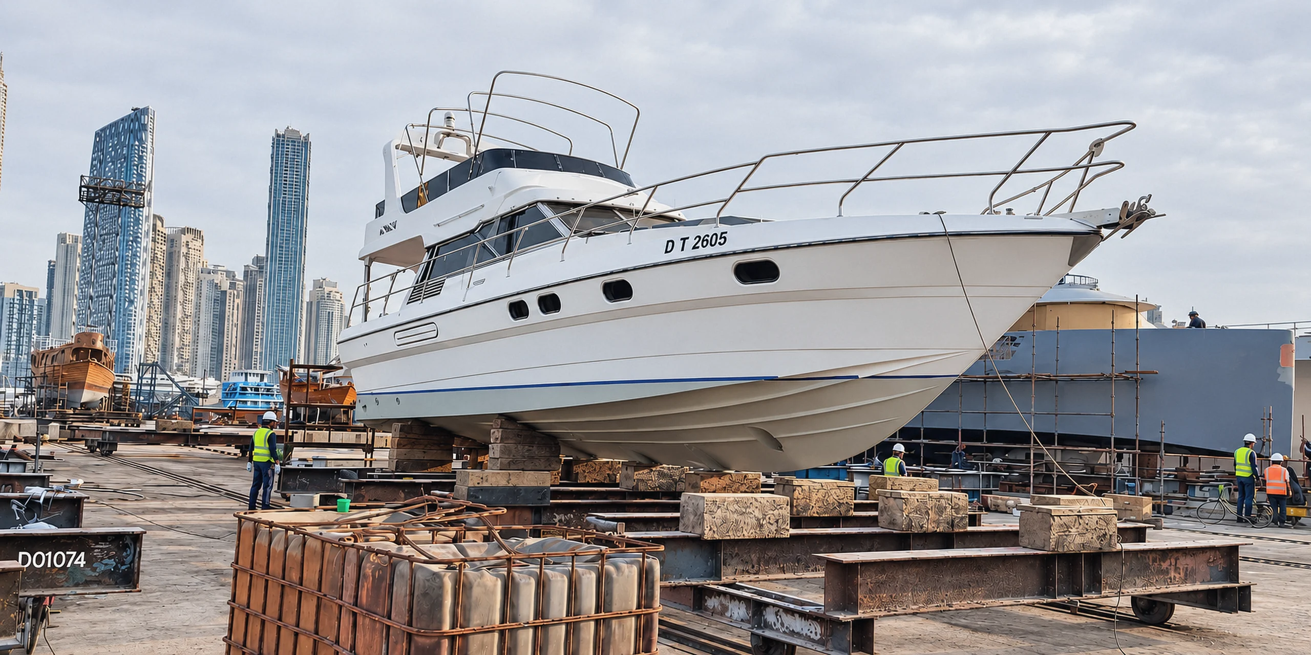A flybridge motor yacht on the hardstand at Jaddaf Docking Yard, Dubai Creek